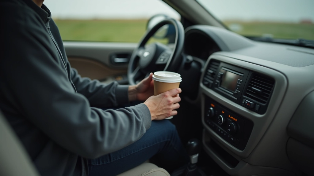 Close-up of integrated cup holder in minivan door panel, holding beverage cup
