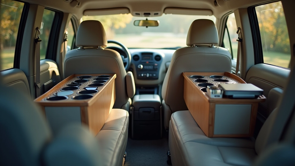 Minivan interior showing multiple storage compartments, cup holders, and organizational features