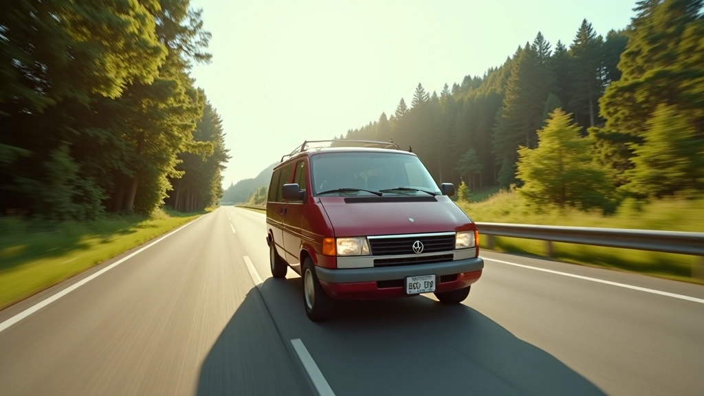 Family road trip scene with minivan packed for vacation, kids visible through windows, highway driving