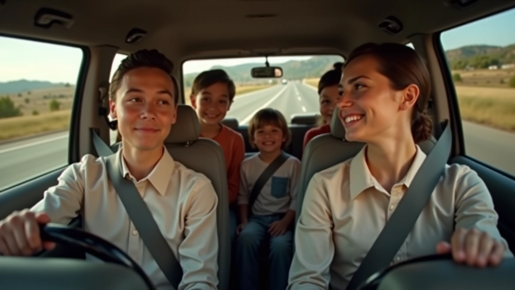 Family of four in minivan on road trip, with parents in front and children visible in back seats, highway landscape visible through windows