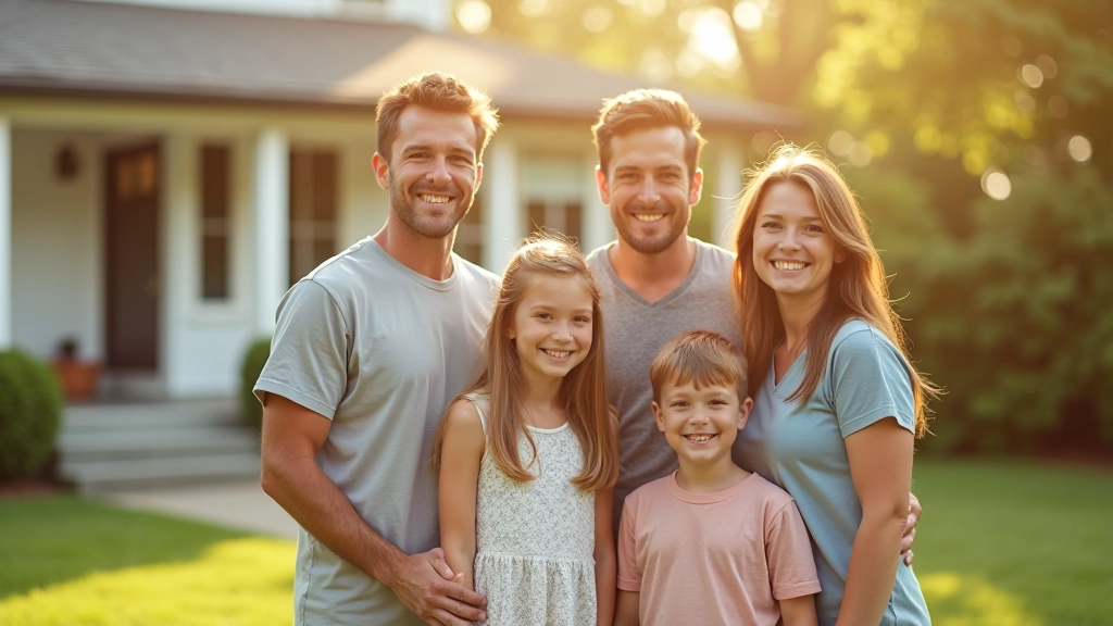 Generation X parents with children standing beside their minivan in suburban neighborhood