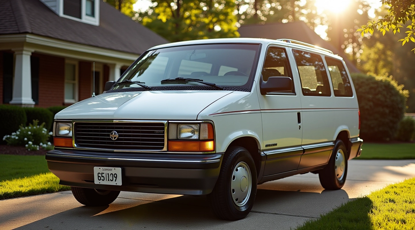 Iconic Canadian minivan from the 1990s parked in suburban driveway with family memories