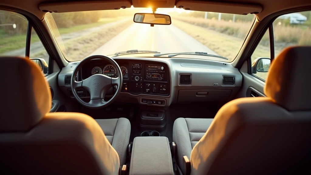 Interior of 1990s minivan showing dashboard, steering wheel, and family seating arrangement