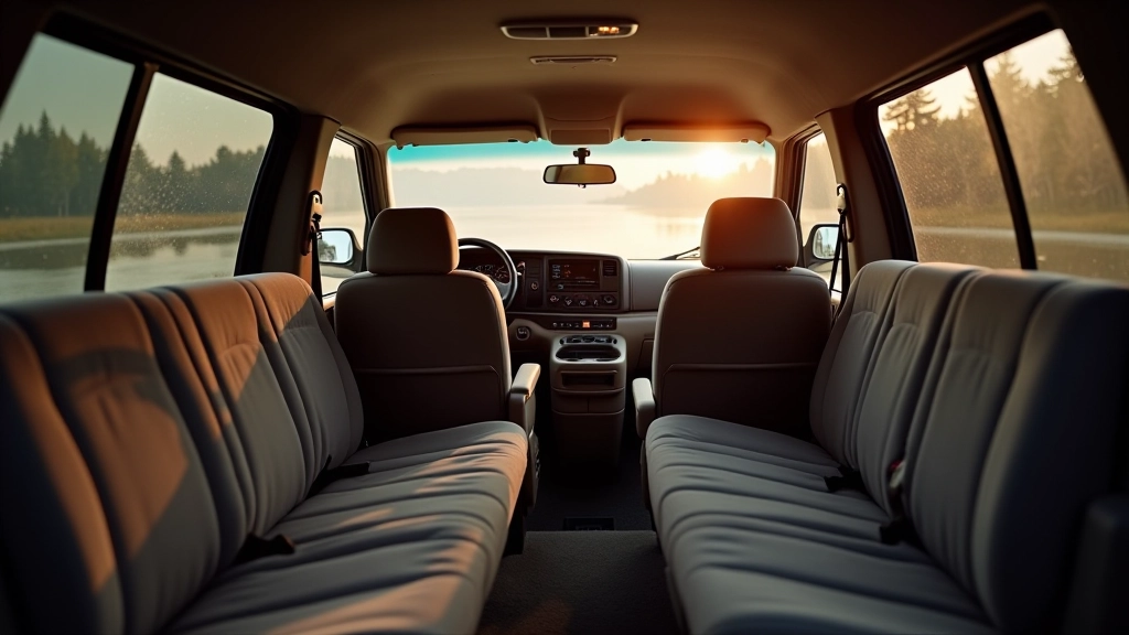 Interior view of 1990s minivan showing bench seating and family entertainment options