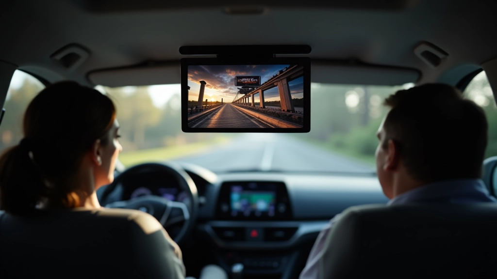 Overhead view of minivan rear seat with fold-down entertainment screen showing colorful display