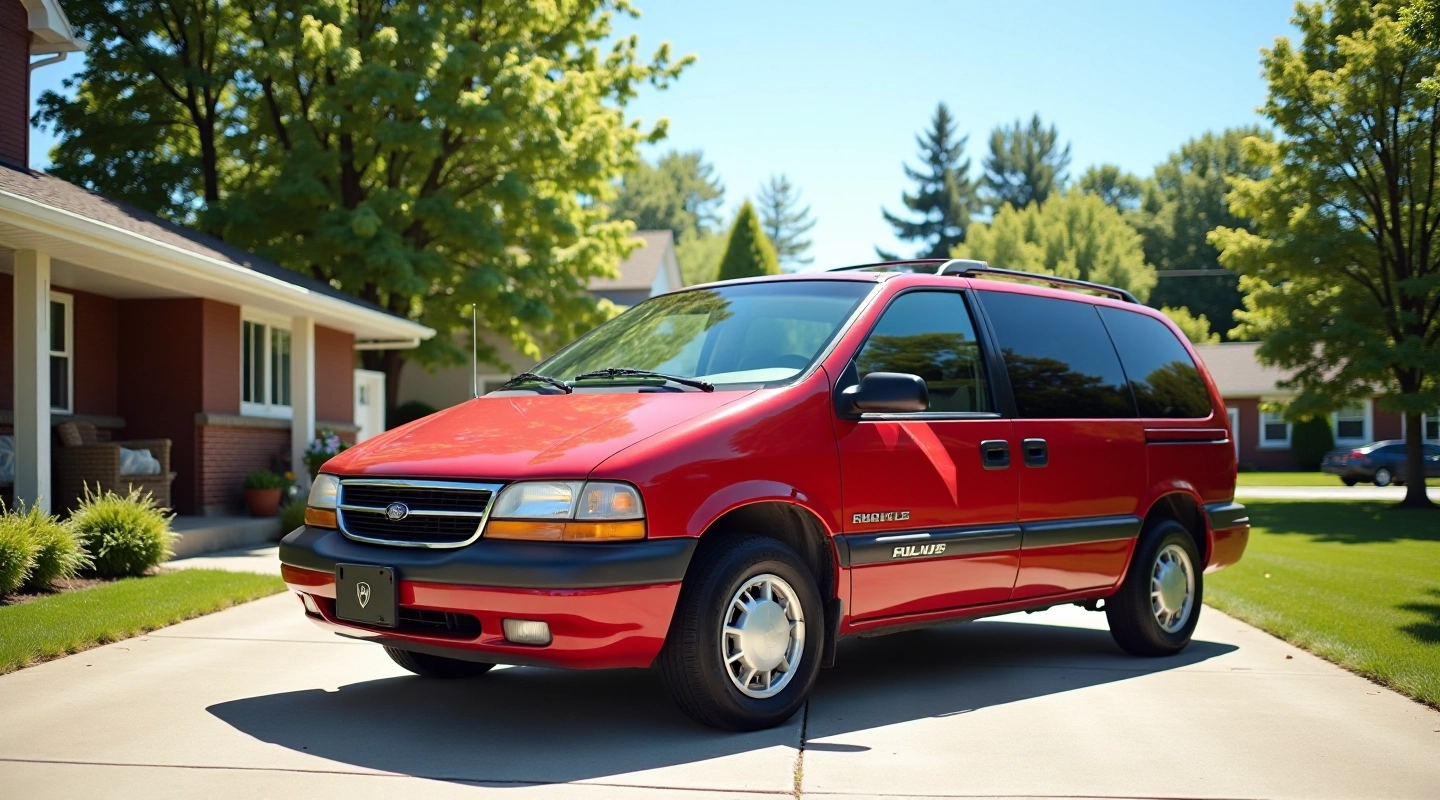 Red minivan from the 1990s parked in suburban driveway with families nearby