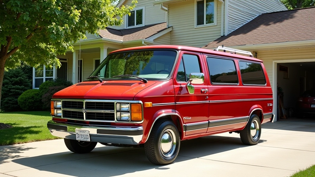 1980s Chrysler Caravan parked at family home with kids playing in yard, suburban neighborhood setting