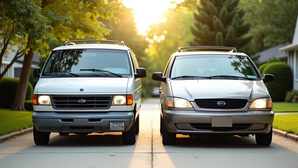 Modern minivan parked next to vintage 1990s minivan, showing evolution of design over 30 years